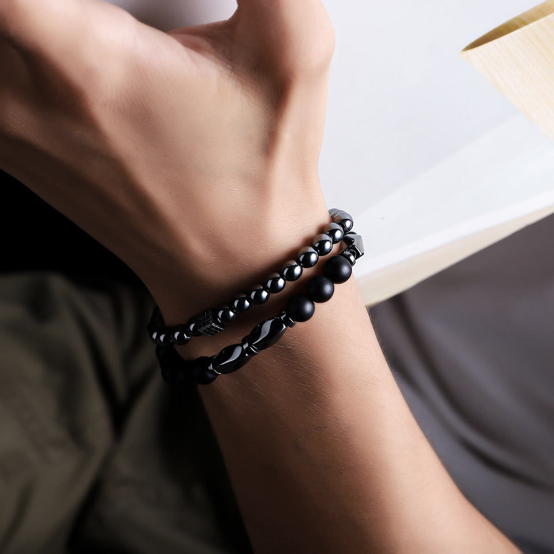 Olivenorma 2Pcs Mens Hematite Black Onyx Stretch Beaded Bracelet - image 2