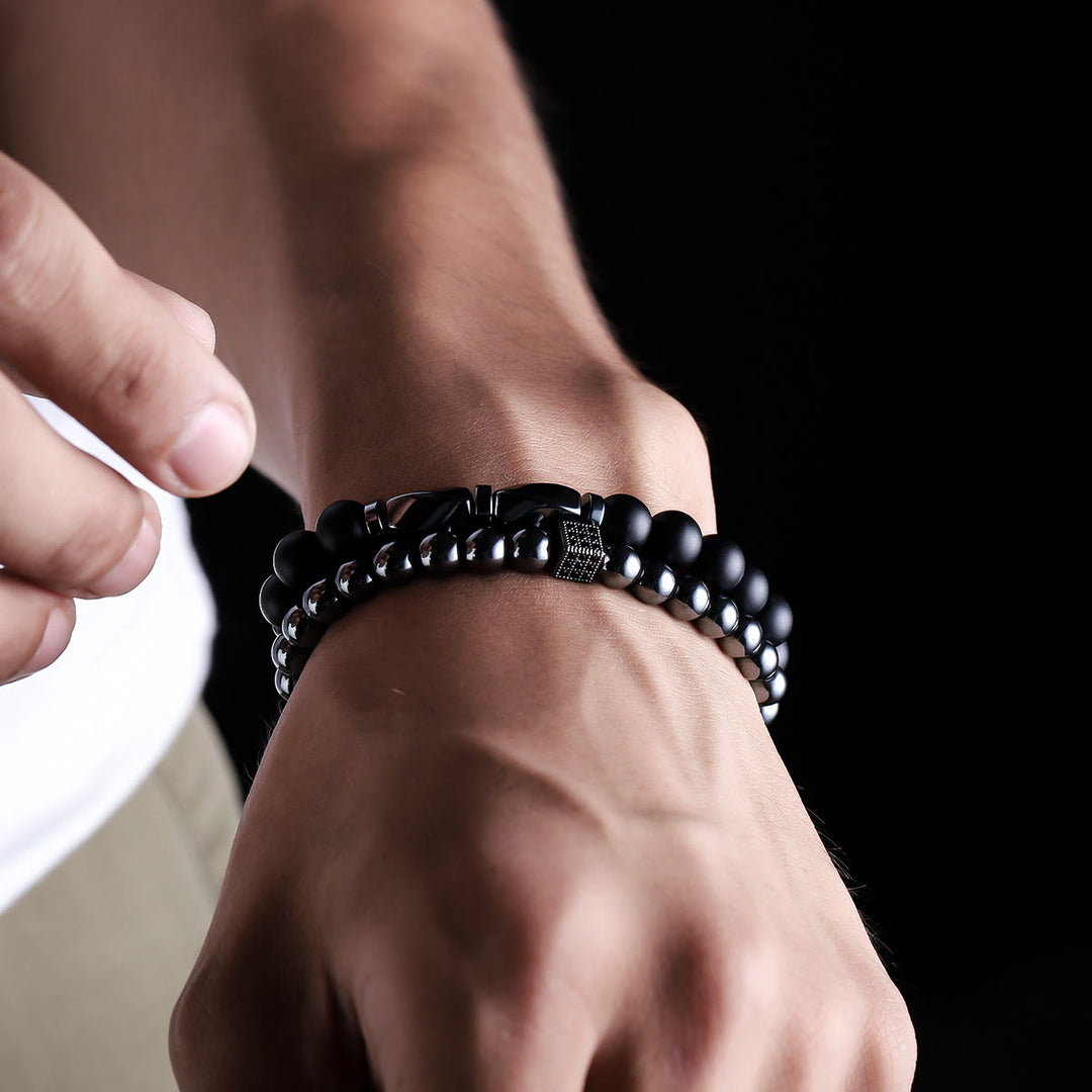 Olivenorma 2Pcs Mens Hematite Black Onyx Stretch Beaded Bracelet - image 1