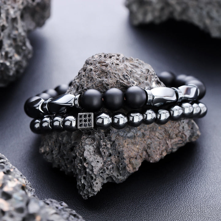 Olivenorma 2Pcs Mens Hematite Black Onyx Stretch Beaded Bracelet - 2Pcs Bracelet Set - image 0