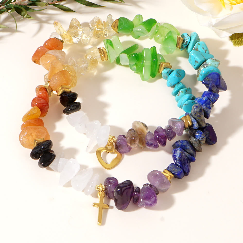 Olivenorma Healing Crystal Rainbow Gravel Cross Stretch Bracelet - image 9