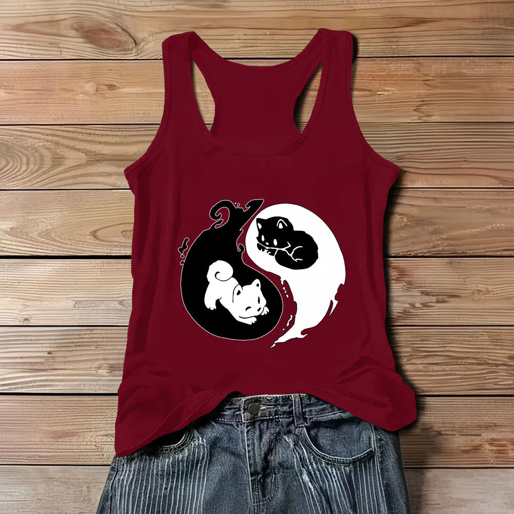 Olivenorma Black & White Yin-Yang Cat Philosophy Tank Top Shirt - Red - 3XL - image 8