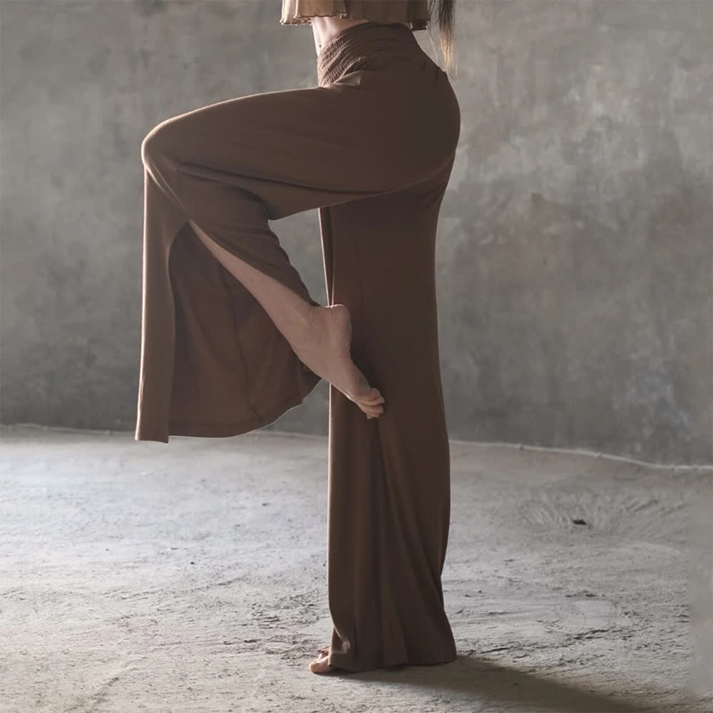 Olivenorma Cotton High-Waist Wide-Leg Slit Yoga Pants - Brown - One Size Fits All - image 4