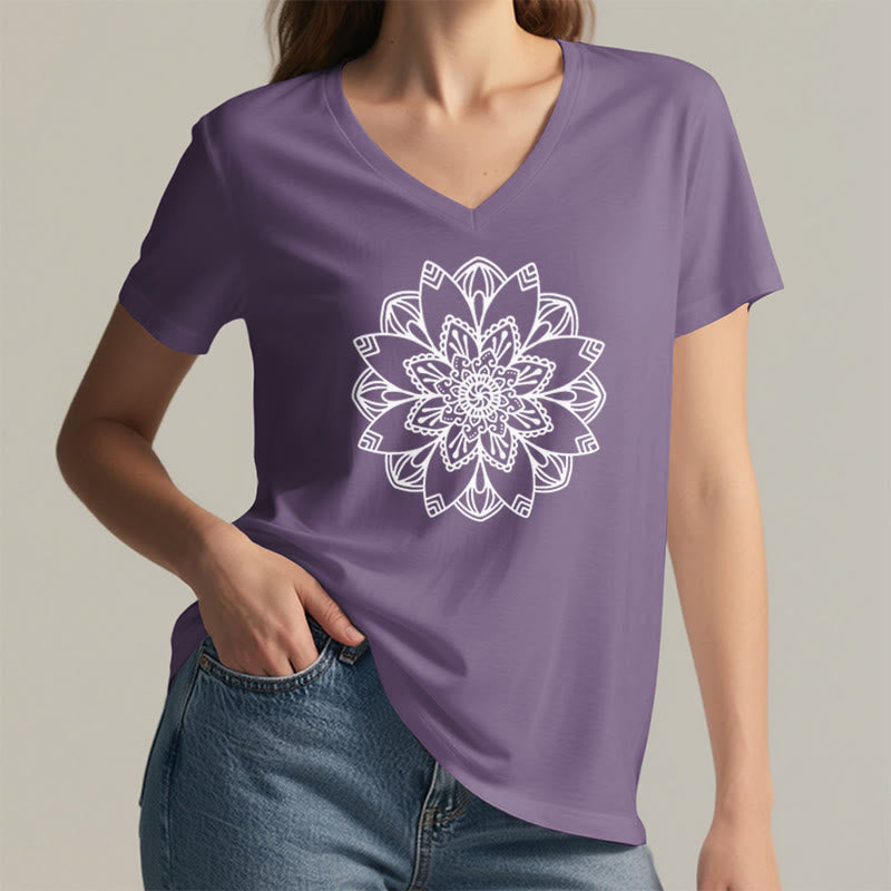 Olivenorma Mandala Floral Tee V-Neck Regular Fit Lotus Spiritual T-Shirt - image 20