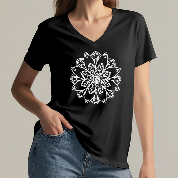 Olivenorma Mandala Floral Tee V-Neck Regular Fit Lotus Spiritual T-Shirt - image 8