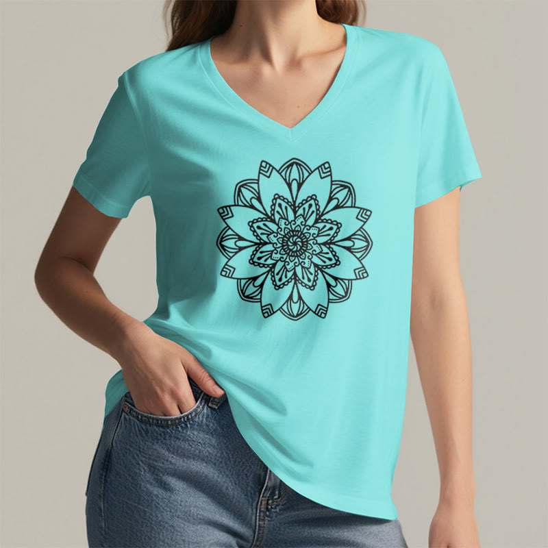 Olivenorma Mandala Floral Tee V-Neck Regular Fit Lotus Spiritual T-Shirt - image 16