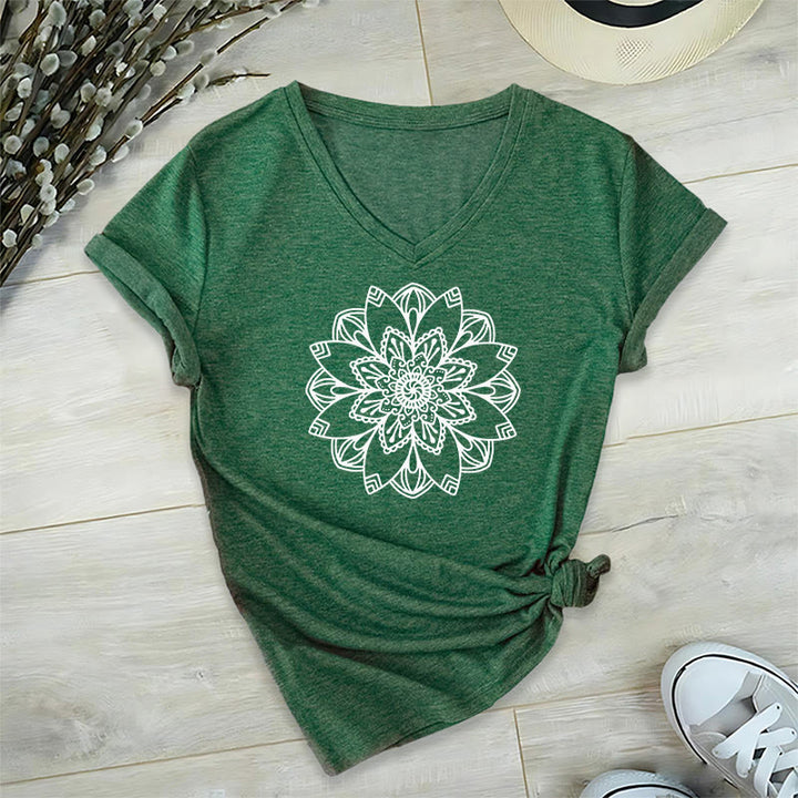 Olivenorma Mandala Floral Tee V-Neck Regular Fit Lotus Spiritual T-Shirt - image 17