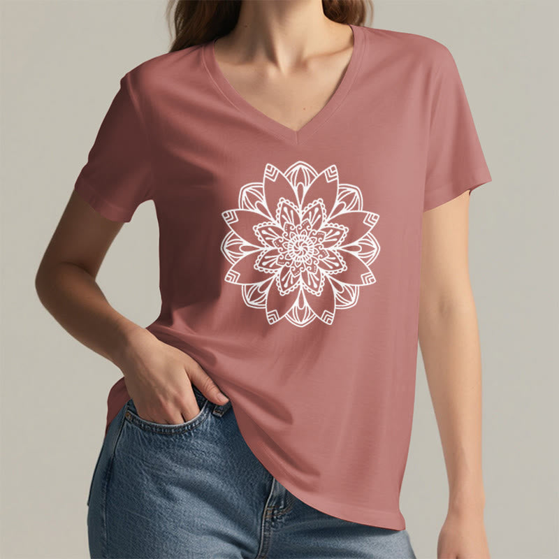 Olivenorma Mandala Floral Tee V-Neck Regular Fit Lotus Spiritual T-Shirt - image 1