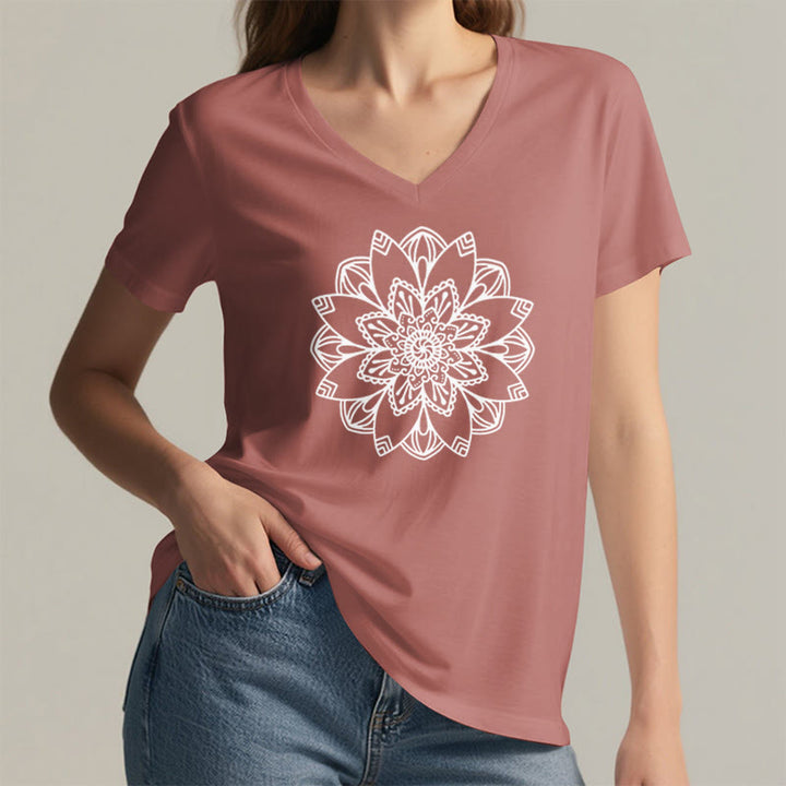 Olivenorma Mandala Floral Tee V-Neck Regular Fit Lotus Spiritual T-Shirt - image 1