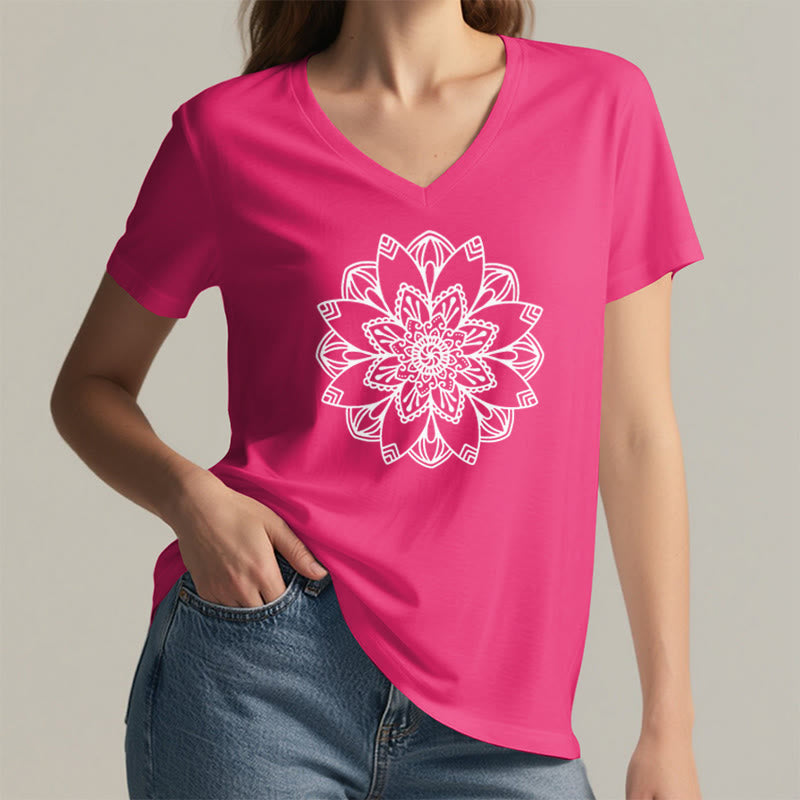 Olivenorma Mandala Floral Tee V-Neck Regular Fit Lotus Spiritual T-Shirt - image 30