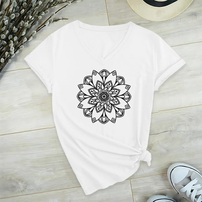 Olivenorma Mandala Floral Tee V-Neck Regular Fit Lotus Spiritual T-Shirt - image 9