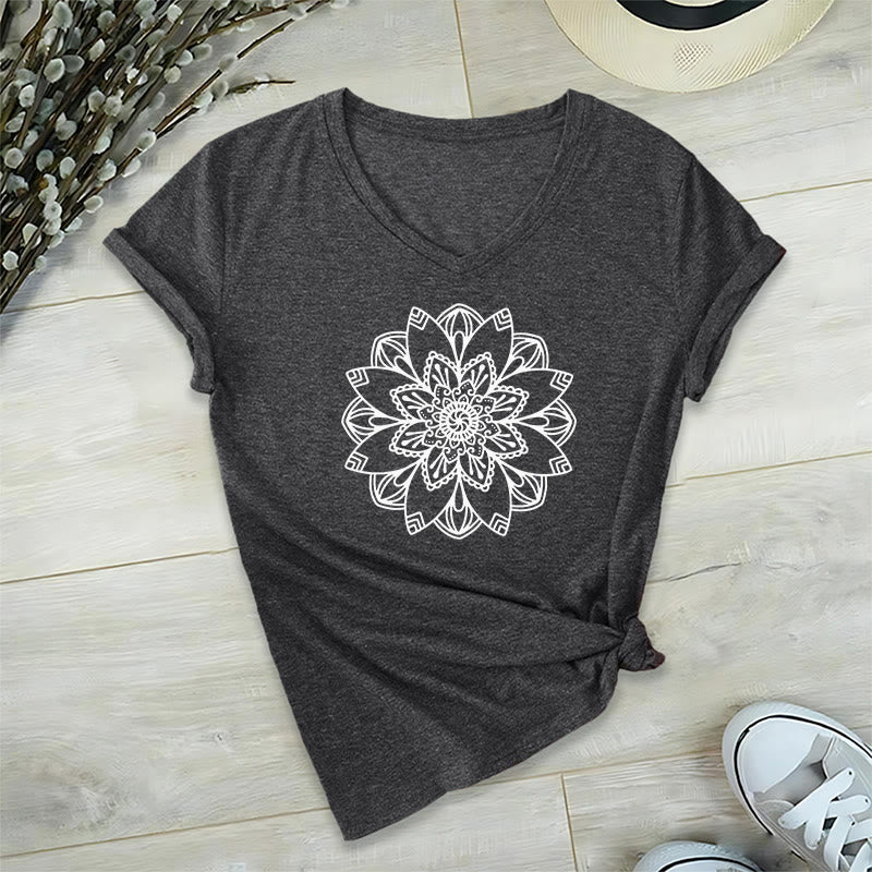 Olivenorma Mandala Floral Tee V-Neck Regular Fit Lotus Spiritual T-Shirt - image 23