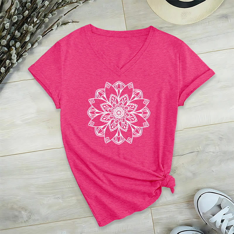 Olivenorma Mandala Floral Tee V-Neck Regular Fit Lotus Spiritual T-Shirt - image 29