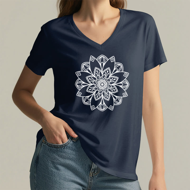 Olivenorma Mandala Floral Tee V-Neck Regular Fit Lotus Spiritual T-Shirt - image 22