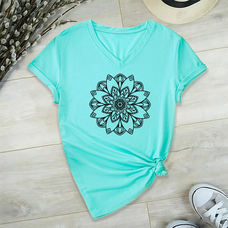 Olivenorma Mandala Floral Tee V-Neck Regular Fit Lotus Spiritual T-Shirt - image 15