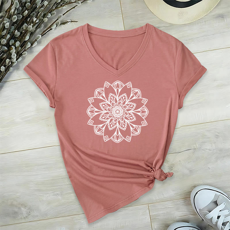 Olivenorma Mandala Floral Tee V-Neck Regular Fit Lotus Spiritual T-Shirt - image 0