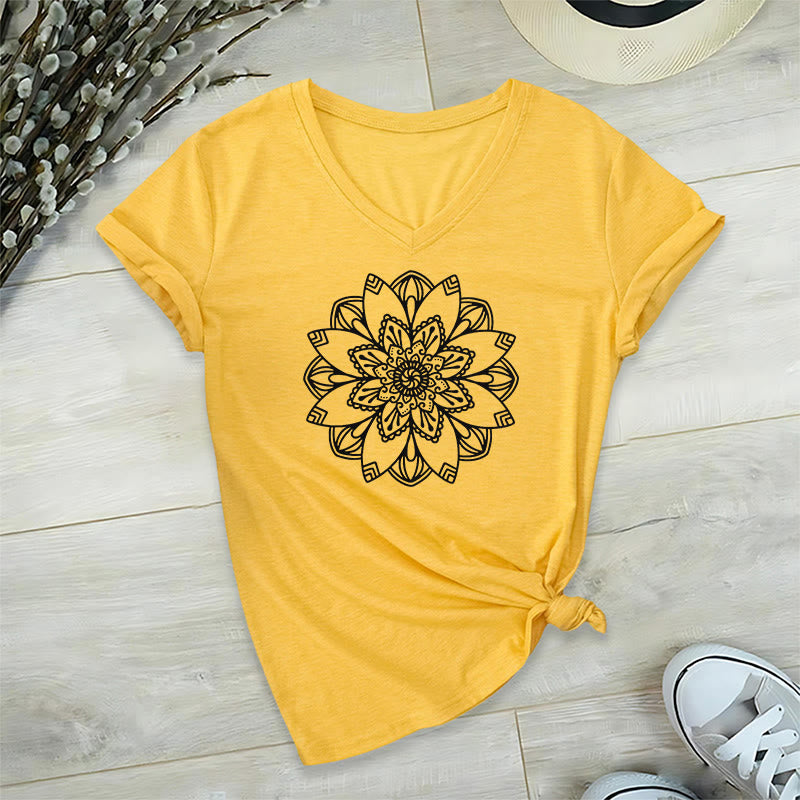 Olivenorma Mandala Floral Tee V-Neck Regular Fit Lotus Spiritual T-Shirt - image 13