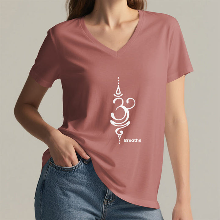 Olivenorma Breathe Symbol Women Short Sleeve V-Neck Yoga Medatition T-Shirt - image 26