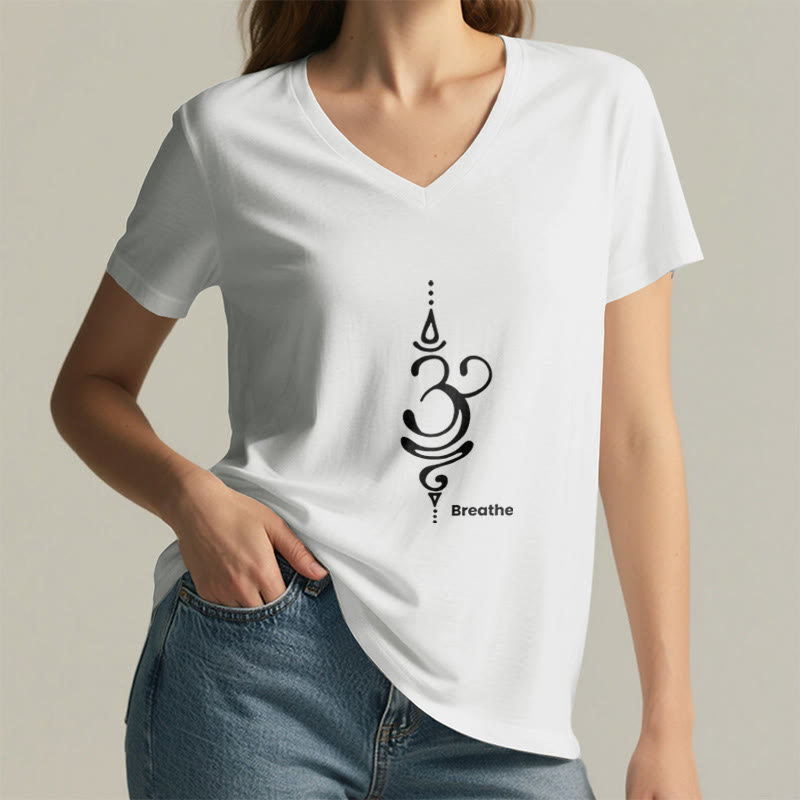 Olivenorma Breathe Symbol Women Short Sleeve V-Neck Yoga Medatition T-Shirt - image 10