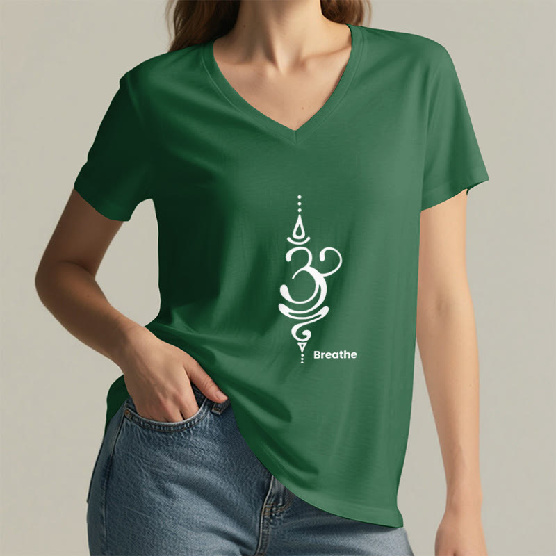 Olivenorma Breathe Symbol Women Short Sleeve V-Neck Yoga Medatition T-Shirt - image 18