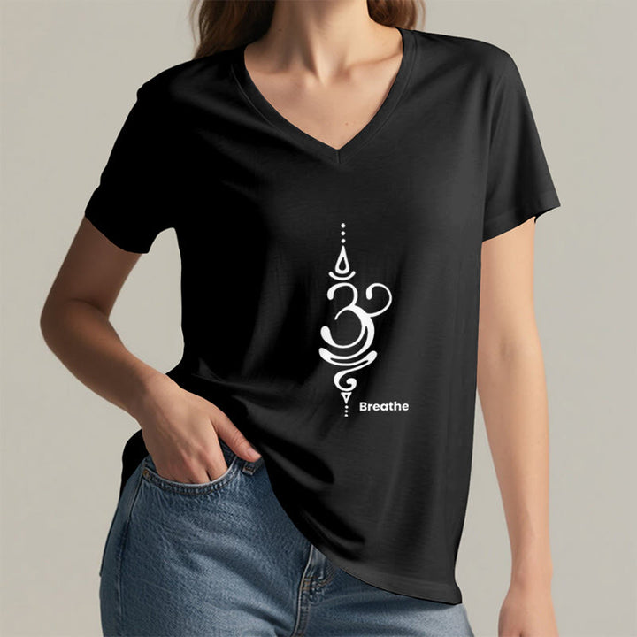 Olivenorma Breathe Symbol Women Short Sleeve V-Neck Yoga Medatition T-Shirt - image 8