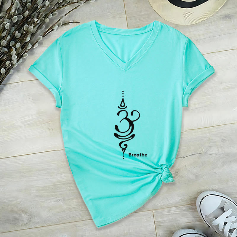 Olivenorma Breathe Symbol Women Short Sleeve V-Neck Yoga Medatition T-Shirt - Cyan - 2XL - image 15