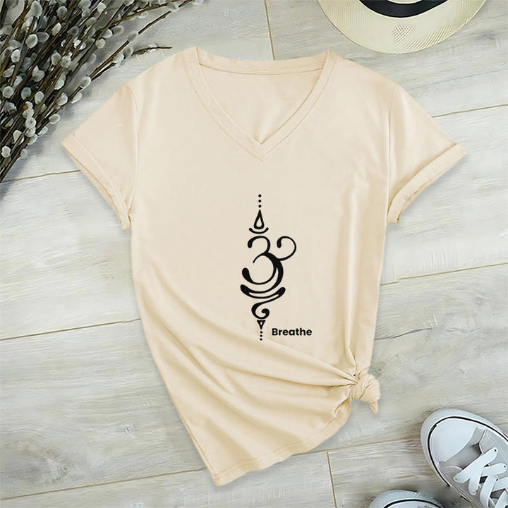 Olivenorma Breathe Symbol Women Short Sleeve V-Neck Yoga Medatition T-Shirt - Beige - 2XL - image 11