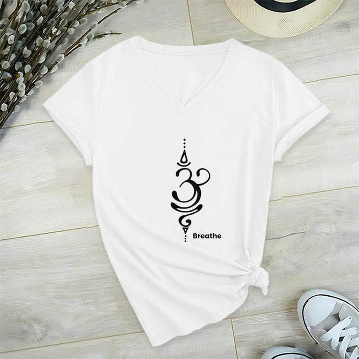 Olivenorma Breathe Symbol Women Short Sleeve V-Neck Yoga Medatition T-Shirt - White - 2XL - image 9