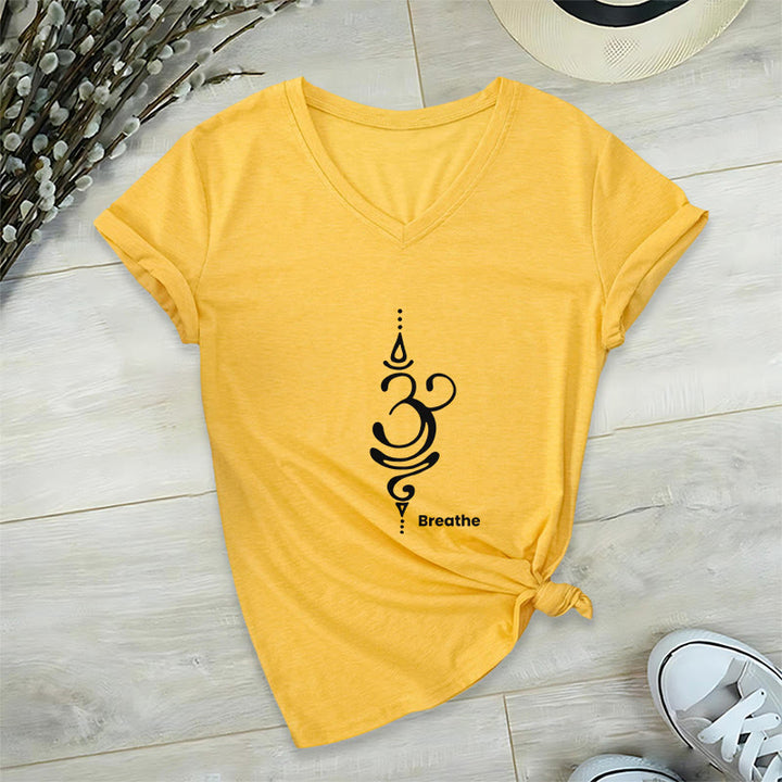 Olivenorma Breathe Symbol Women Short Sleeve V-Neck Yoga Medatition T-Shirt - Yellow - 2XL - image 13