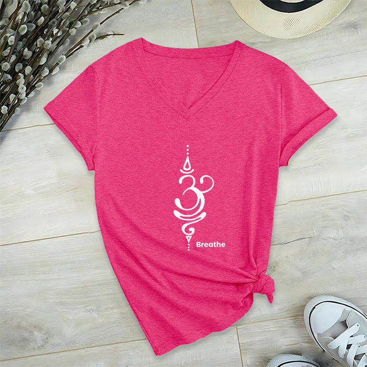 Olivenorma Breathe Symbol Women Short Sleeve V-Neck Yoga Medatition T-Shirt - HotPink - 2XL - image 29