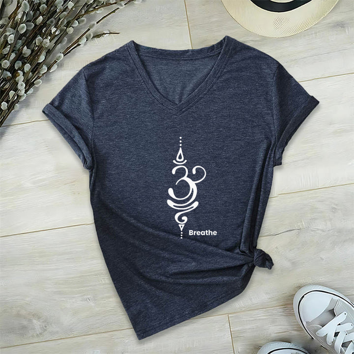 Olivenorma Breathe Symbol Women Short Sleeve V-Neck Yoga Medatition T-Shirt - Navy - 2XL - image 21