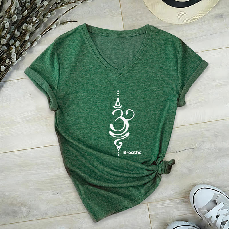 Olivenorma Breathe Symbol Women Short Sleeve V-Neck Yoga Medatition T-Shirt - Green - 2XL - image 17