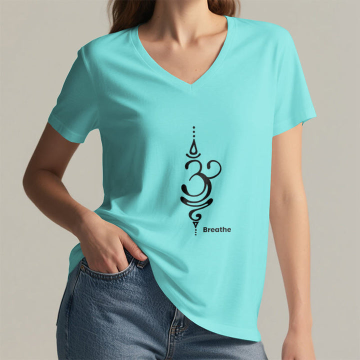 Olivenorma Breathe Symbol Women Short Sleeve V-Neck Yoga Medatition T-Shirt - image 16