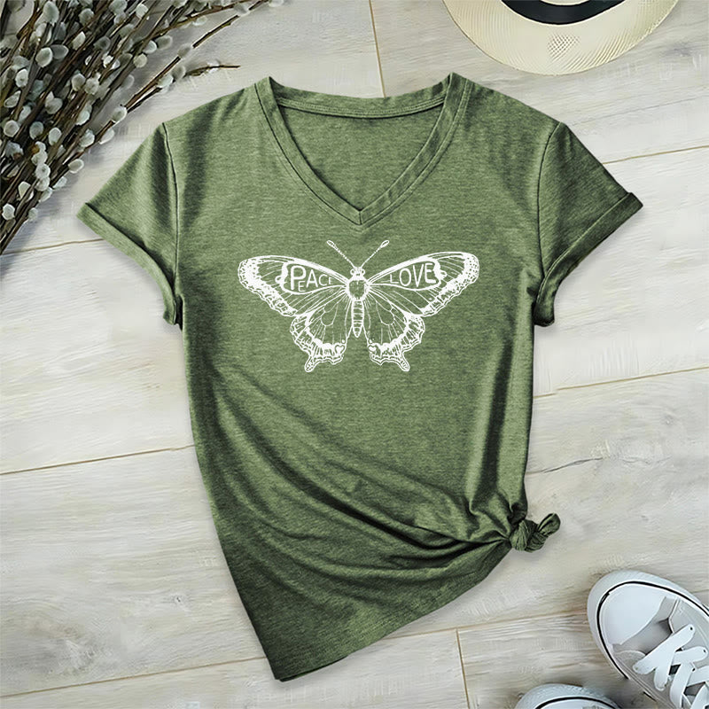 Olivenorma PEACE & LOVE Butterfly Short Sleeve V-Neck T-Shirt - Olive - 2XL - image 23