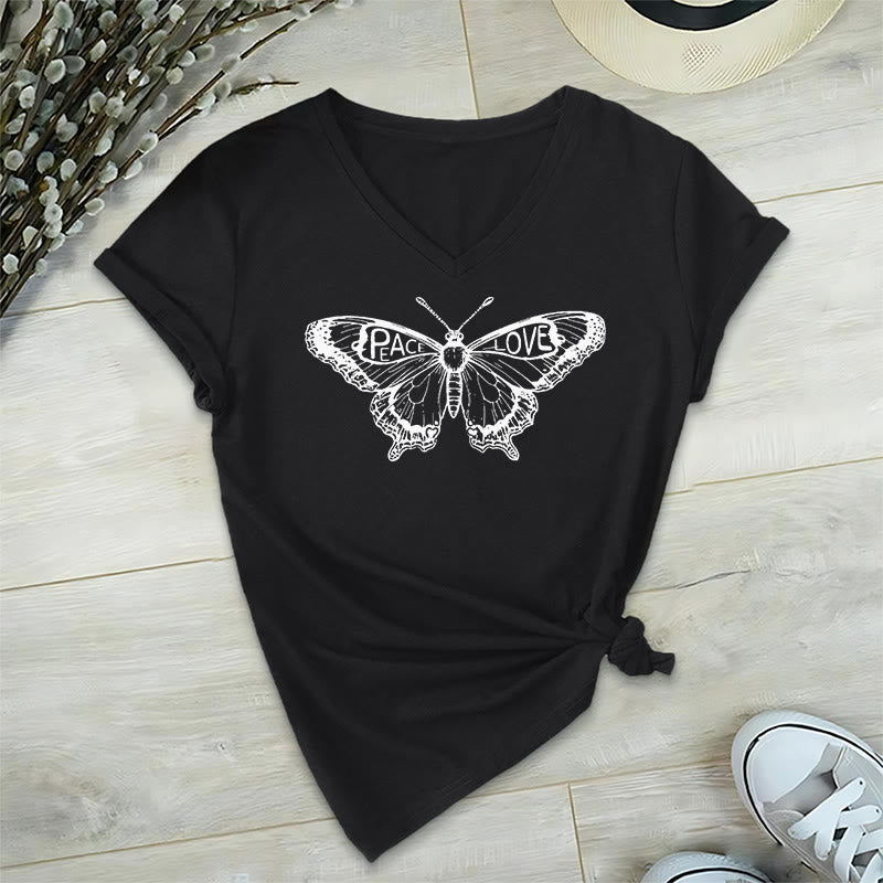 Olivenorma PEACE & LOVE Butterfly Short Sleeve V-Neck T-Shirt - Black - 2XL - image 9