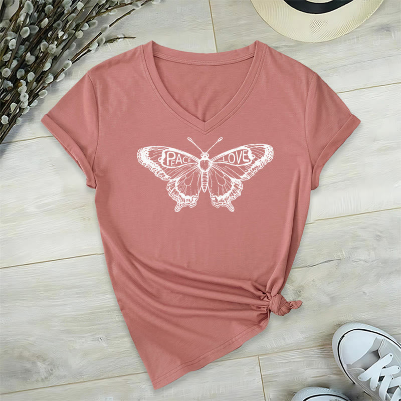 Olivenorma PEACE & LOVE Butterfly Short Sleeve V-Neck Tee Cotton T-Shirt - Pink - 2XL - image 25