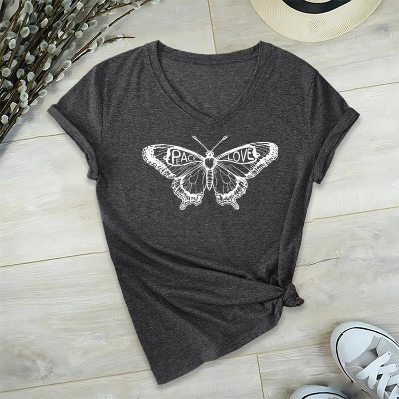 Olivenorma PEACE & LOVE Butterfly Short Sleeve V-Neck T-Shirt - Grey - 2XL - image 21