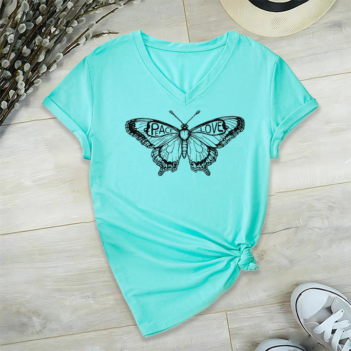Olivenorma PEACE & LOVE Butterfly Short Sleeve V-Neck T-Shirt - Cyan - 2XL - image 15