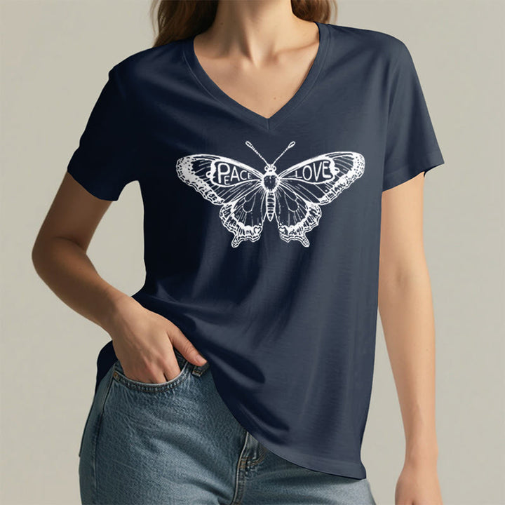 Olivenorma PEACE & LOVE Butterfly Short Sleeve V-Neck Tee Cotton T-Shirt - image 20