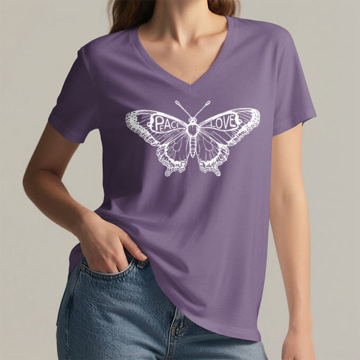 Olivenorma PEACE & LOVE Butterfly Short Sleeve V-Neck Tee Cotton T-Shirt - image 18
