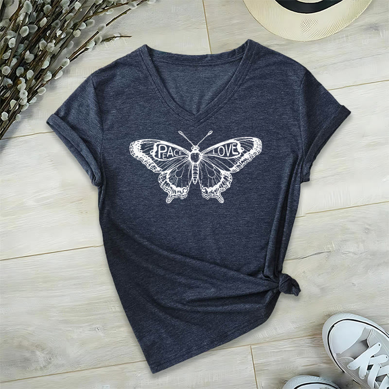 Olivenorma PEACE & LOVE Butterfly Short Sleeve V-Neck T-Shirt - Navy - 2XL - image 0