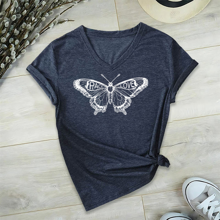 Olivenorma PEACE & LOVE Butterfly Short Sleeve V-Neck T-Shirt - Navy - 2XL - image 0