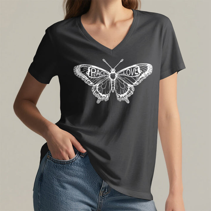 Olivenorma PEACE & LOVE Butterfly Short Sleeve V-Neck Tee Cotton T-Shirt - image 22