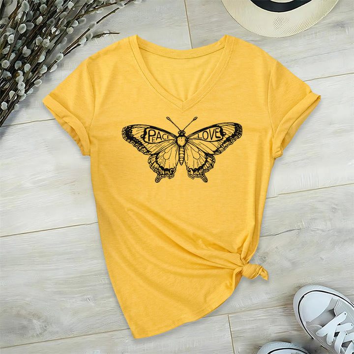 Olivenorma PEACE & LOVE Butterfly Short Sleeve V-Neck T-Shirt - Yellow - 2XL - image 2