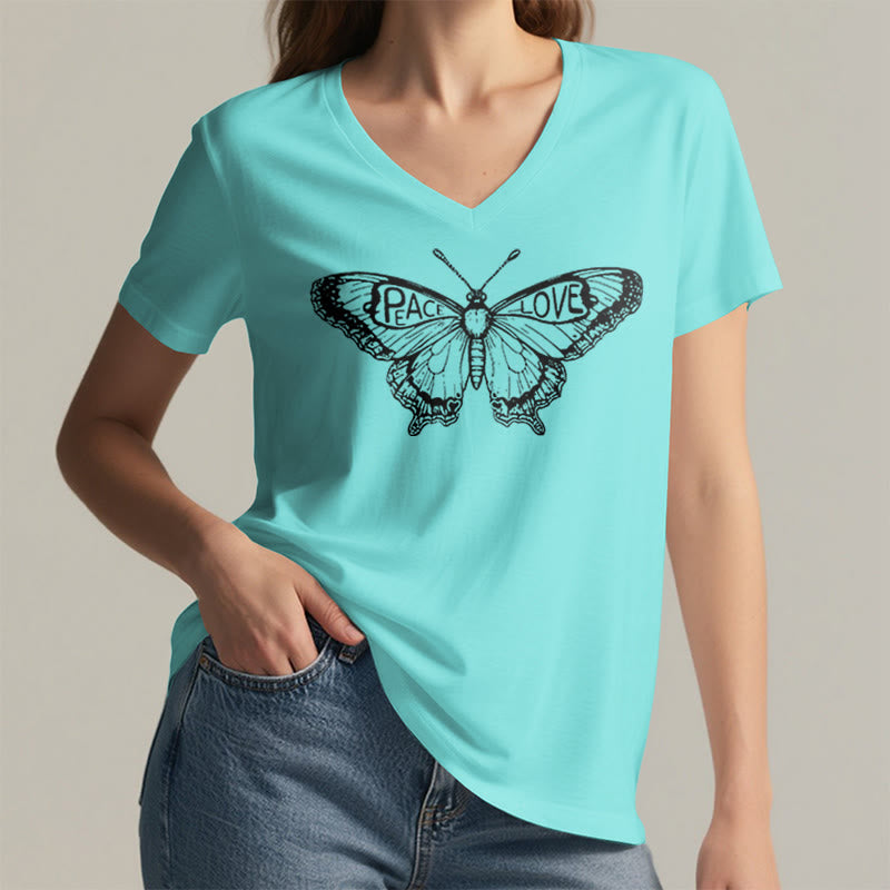 Olivenorma PEACE & LOVE Butterfly Short Sleeve V-Neck Tee Cotton T-Shirt - image 14