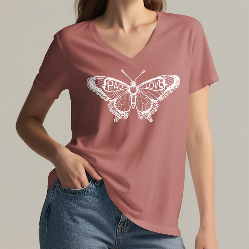 Olivenorma PEACE & LOVE Butterfly Short Sleeve V-Neck T-Shirt - image 26