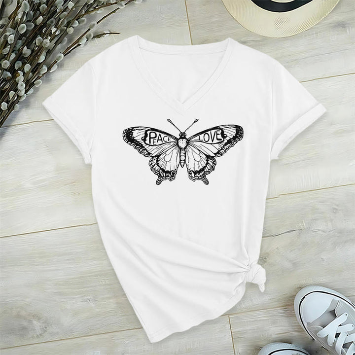 Olivenorma PEACE & LOVE Butterfly Short Sleeve V-Neck Tee Cotton T-Shirt - White - 2XL - image 9