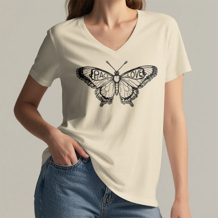 Olivenorma PEACE & LOVE Butterfly Short Sleeve V-Neck T-Shirt - image 14