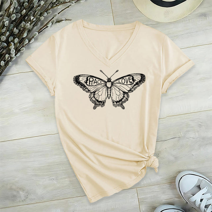 Olivenorma PEACE & LOVE Butterfly Short Sleeve V-Neck T-Shirt - Beige - 2XL - image 13