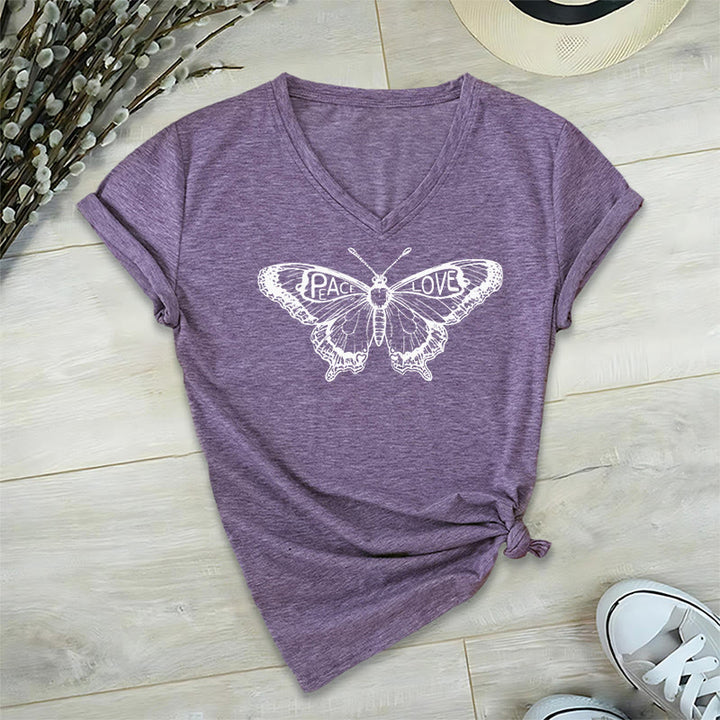 Olivenorma PEACE & LOVE Butterfly Short Sleeve V-Neck T-Shirt - Purple - 2XL - image 17