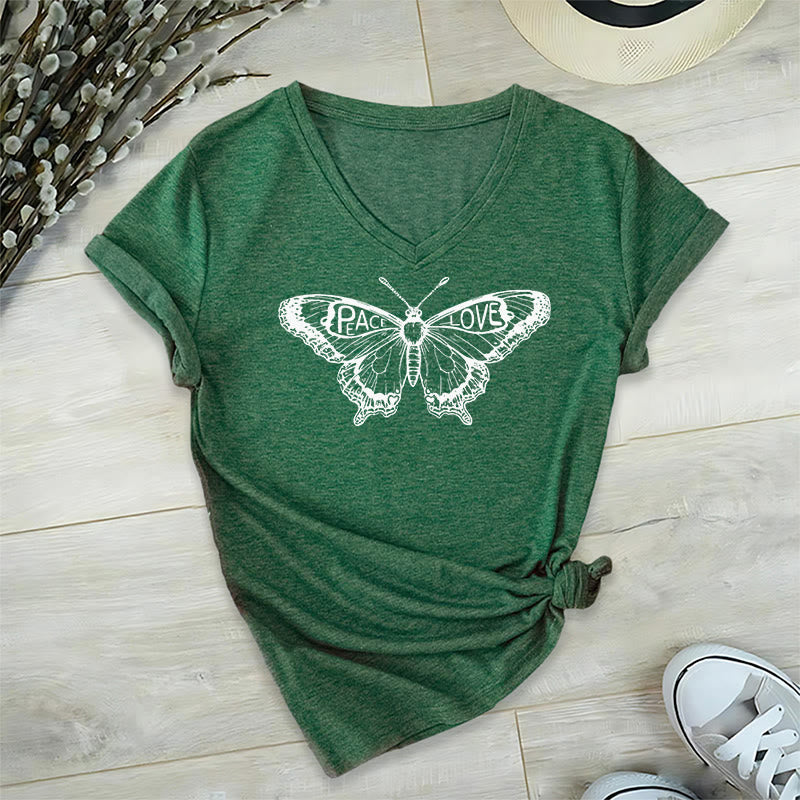 Olivenorma PEACE & LOVE Butterfly Short Sleeve V-Neck Tee Cotton T-Shirt - Green - 2XL - image 15
